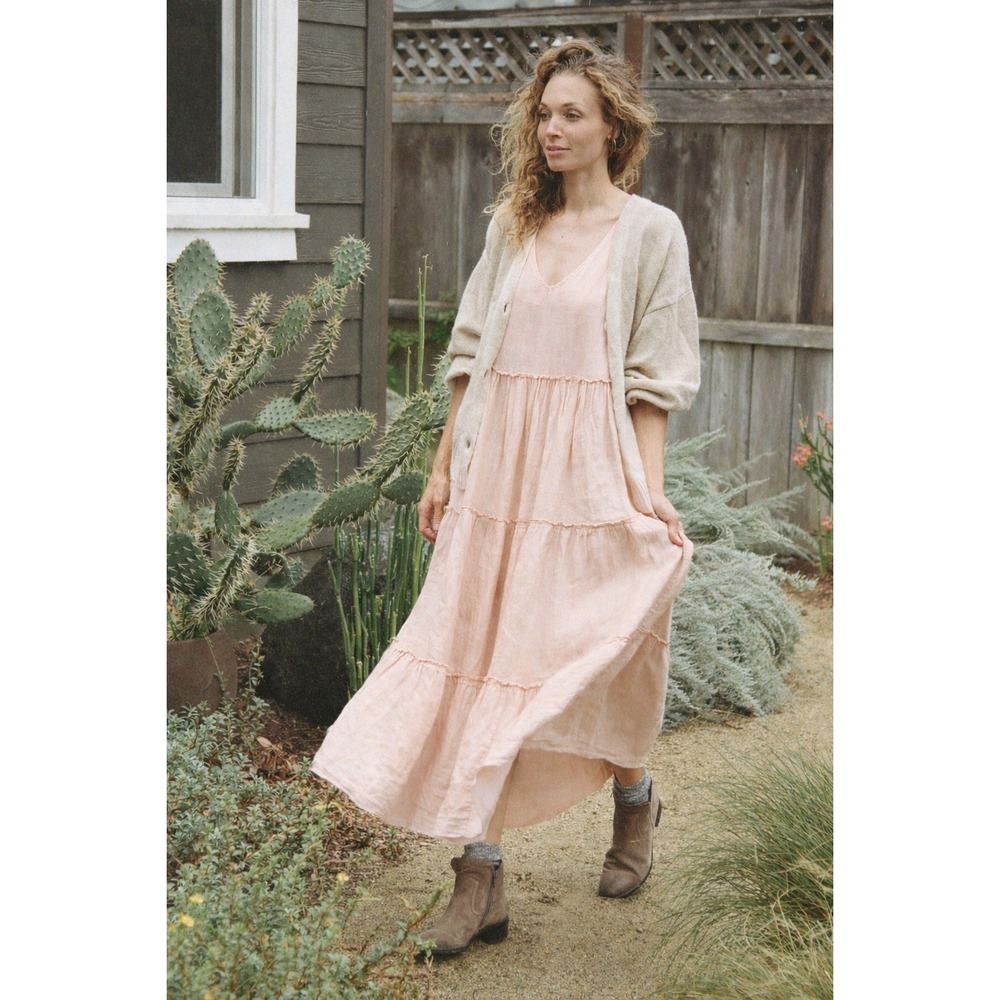 Beachwood Pink 100% Linen Tiered Tie Shoulder Midi Dress Made in Italy One Size